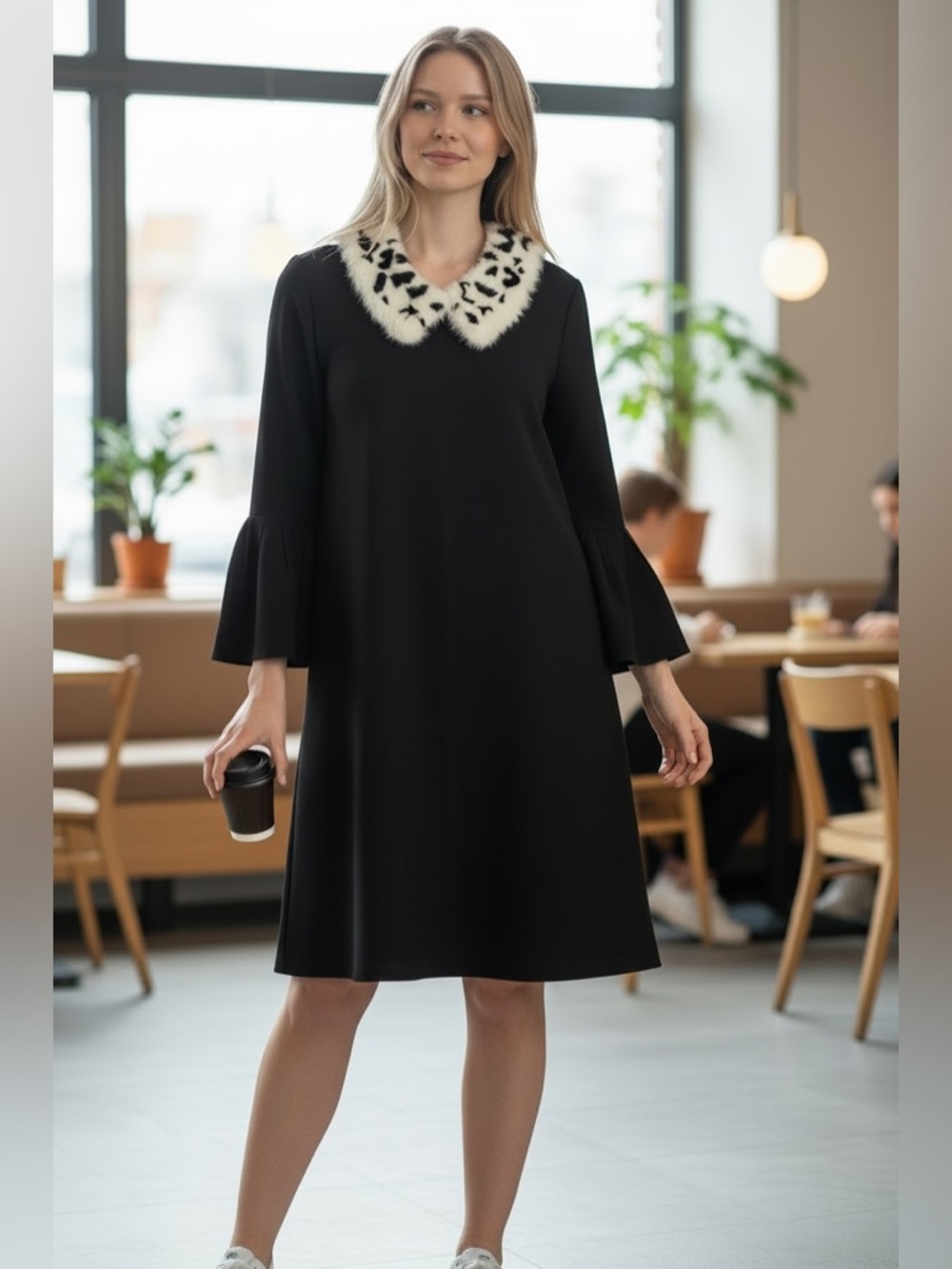 Carolina Herrera Virgin Wool Blend Dress With Real Mink Fur Collar Bell Sleeves